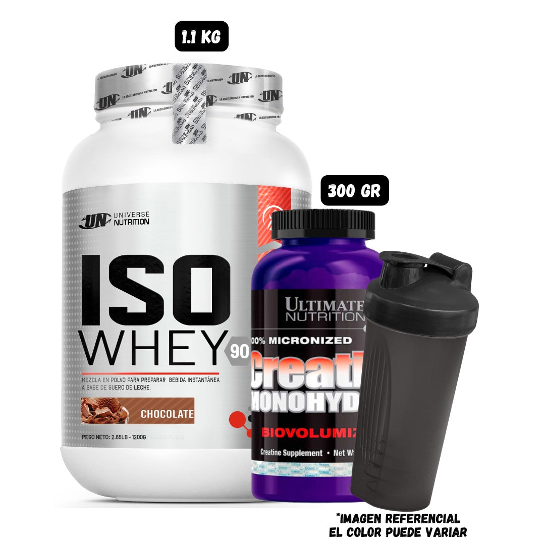 ISO WHEY 90 1.1 KG + CREATINA ULTIMATE NUTRITION 300 GRAMOS + 1 SHAKER