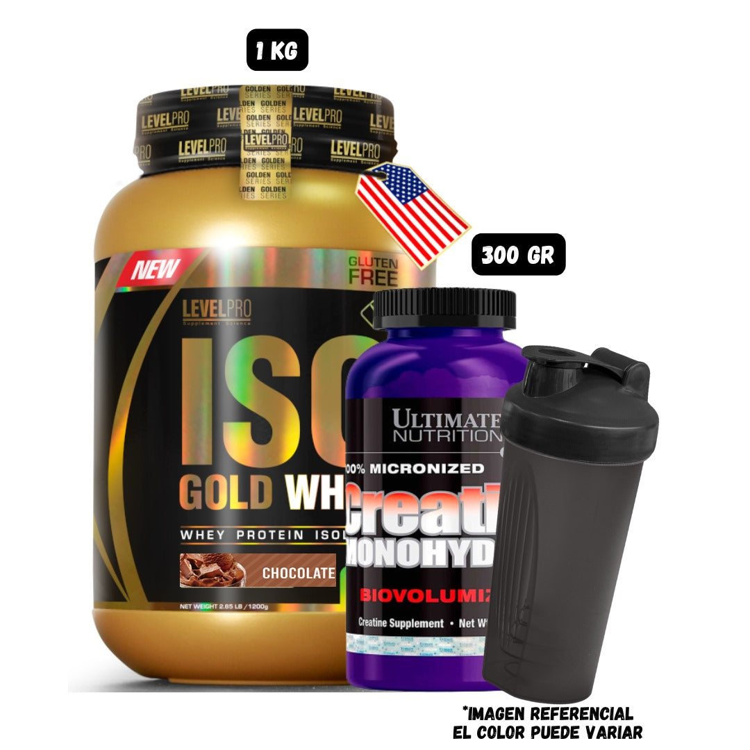 ISO GOLD WHEY 1.1 KG + CREATINA ULTIMATE NUTRITION 300 GRAMOS + 1 SHAKER